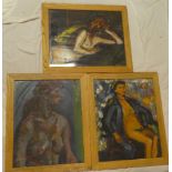 Artist unknown - oils on boards Three studies of female nudes,