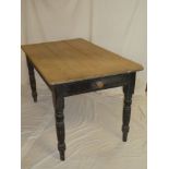 A Victorian Cornish pine rectangular scrub top kitchen table with a drawer in one end on turned