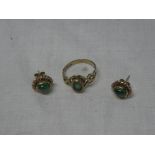 A 9ct gold dress ring with pierced mounts set green stone and a pair of similar 9ct gold mounted