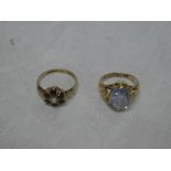 An 18ct gold dress ring with Chinese markings and floral mounts set pale blue stone and a 9ct gold