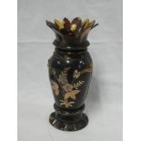 A 19th Century tortoiseshell mounted tapered vase overlaid with gold floral design,