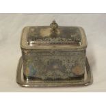 A late Victorian silver plated rectangular biscuit jar and cover with hinged lid and engraved