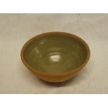 A St Ives Studio pottery tapered bowl with green glazed decoration,