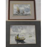 Tony Warren - watercolour Falmouth Harbour scene with figure in a fishing boat,