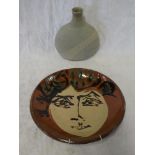 A Studio pottery circular flask vase signed "MW" and one other Studio pottery circular bowl with