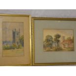 Artist unknown - watercolours Study of Lansallos Church, 8" x 5" and a study of St Winnow, Polruan,