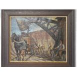 Artist Unknown - oil on canvas Figures working in a Cornish quarry,