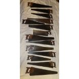 A collection of 13 various old carpentry saws including brass mounted tenon saw by Tyack & Sons,