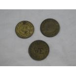 Three brass 19th Century Cornish tokens including The Oxford Inn Redruth and JH Tonking Penzance