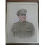 A First War pastel painting on photograph depicting a bust portrait of a soldier in the DCLI,
