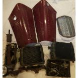 A selection of various old motoring parts including Morgan 4/4 bonnet,