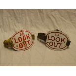 Two British Rail enamelled arm badges "BR Look Out"