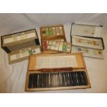 Three boxes of Victorian and later microscope slides and specimens and a box containing a selection