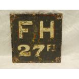 An old cast iron square Railway fire hydrant sign "FH 27ft",