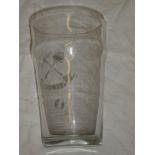 A Cornish Mining half-pint glass etched with the badge of Wheal Vlow with cross pick and shovel