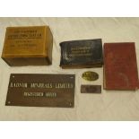 A selection of various mining memorabilia including brass door plate for Radnor Minerals Limited;