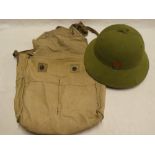 A post-war green cloth tropical helmet and a fabric gas mask bag (2)
