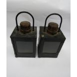 Two S.R black painted lamps with brass chimmneys, no interiors