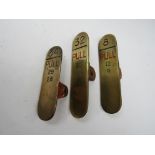 Three brass Midland Railway signal box lever plates, 8, 32 and 34