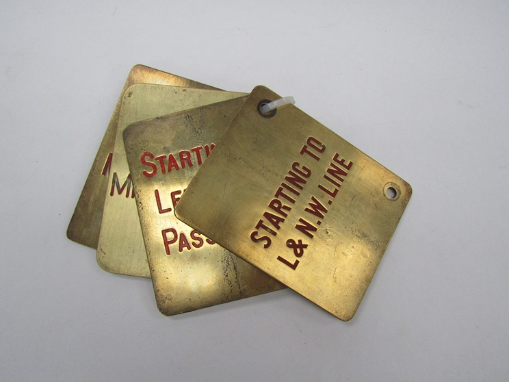 Four Midland Railway brass double sided lever plates - Starting To L&NW Line/ Signal From Sidings