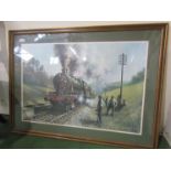 A framed and glazed print of 'Sunday Service' GWR locomotive 6861 running past a permanent way gang