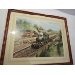 A framed and glazed print of GWR tank engine and coaches by Don Breckon,