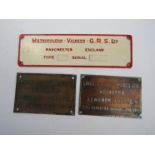 Two cast alloy Lawden Developments Ltd plates and Metropolitan-Vickers G.R.S.