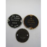 Three cast iron Shildon wagon plates,