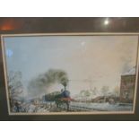 HARRY PETERS: A watercolour of steam locomotive in winter setting "The Evening Goods" framed and