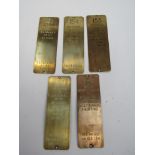 Five brass signal box level frame plates from Darlington South box, 121, 142, 146,