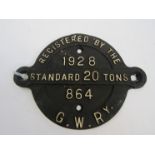 A cast iron GWR wagon plate 864 registered 1928