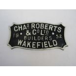 A cast iron Chas Roberts & Co Ltd builders wagon plate 1952,