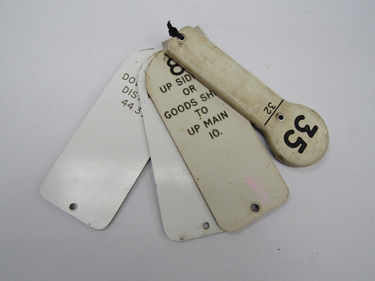 Four traffolyte signal box lever plates - 35, 8, Up Siding or Goods Shed To Up Main 10,