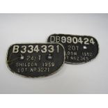 Two cast iron SHILDON wagon plates, DB.990424 1952 and B.