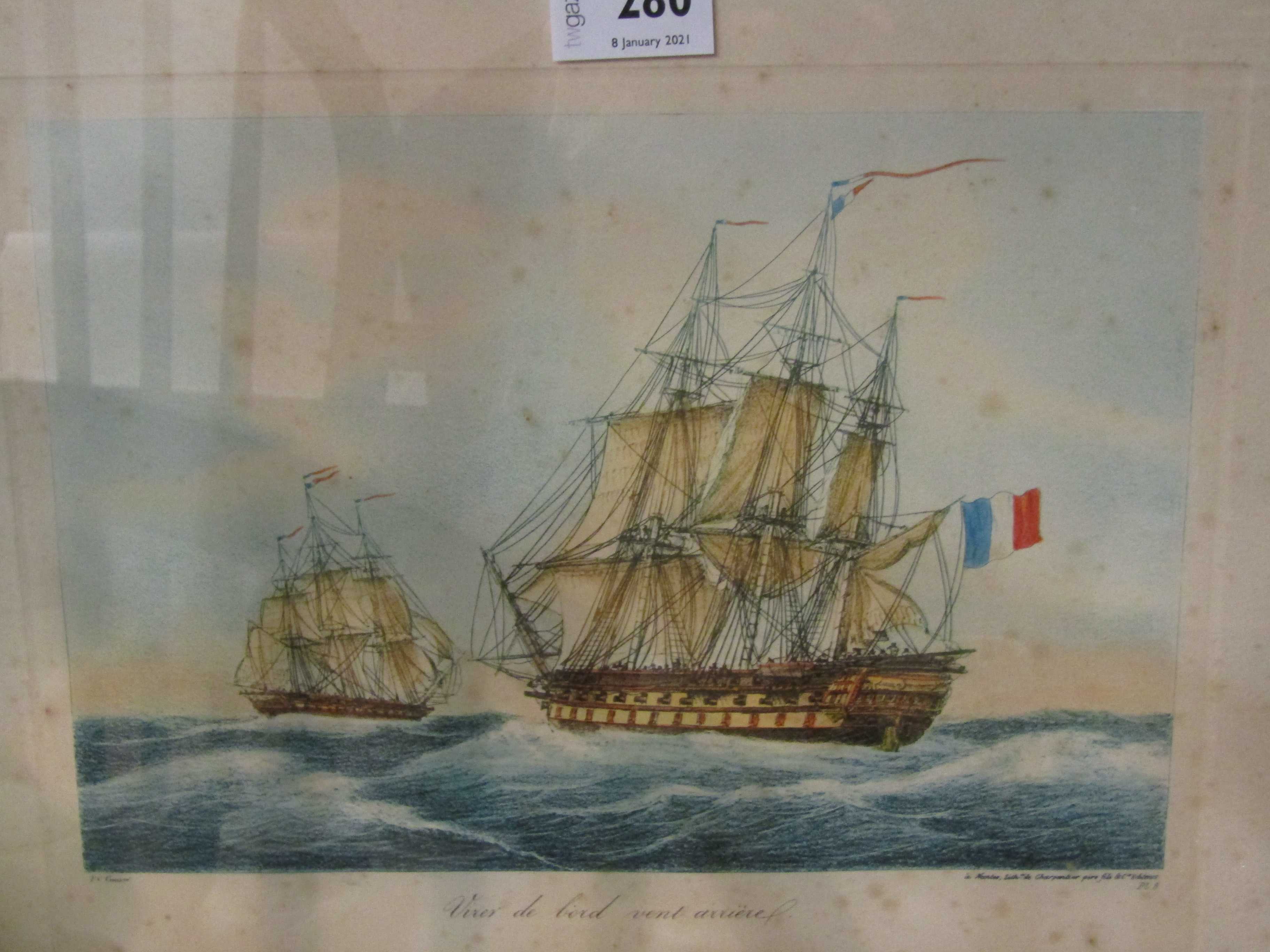 A pair of oak framed lithographs circa 1820 by Charpentier of ships under sail,