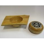 A Suffolk cherry wood turned bowl together with a wooden pot pourri bowl with flower design lid