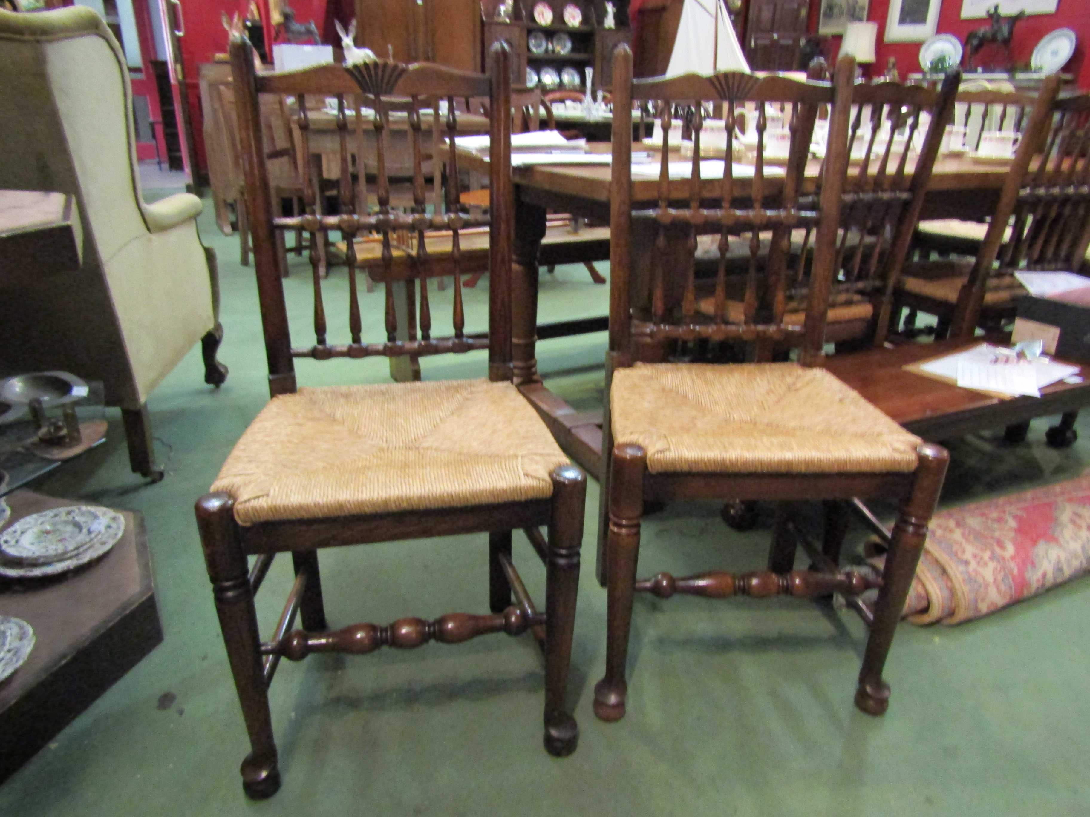 A set of eight (6+2) oak spindle back and rush seated dining chairs - Image 3 of 3