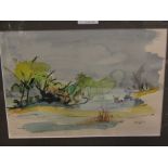 LUCETTE DE LA FOUGERE: (1921-2010) Watercolour of a pond in winter, signed lower right,