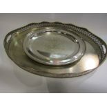 A silver plated galleried oval tray and two plated trays