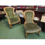 A Victorian walnut green velour button upholstered scroll arm spoon back armchair on castors,