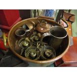 A copper and brass twin handled preserving pan containing kettle, tankards,