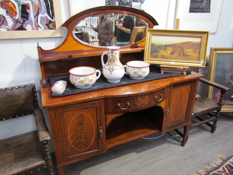 An Edwardian Maple & Co satinwood crossbanded mahogany breakfront mirror back sideboard,