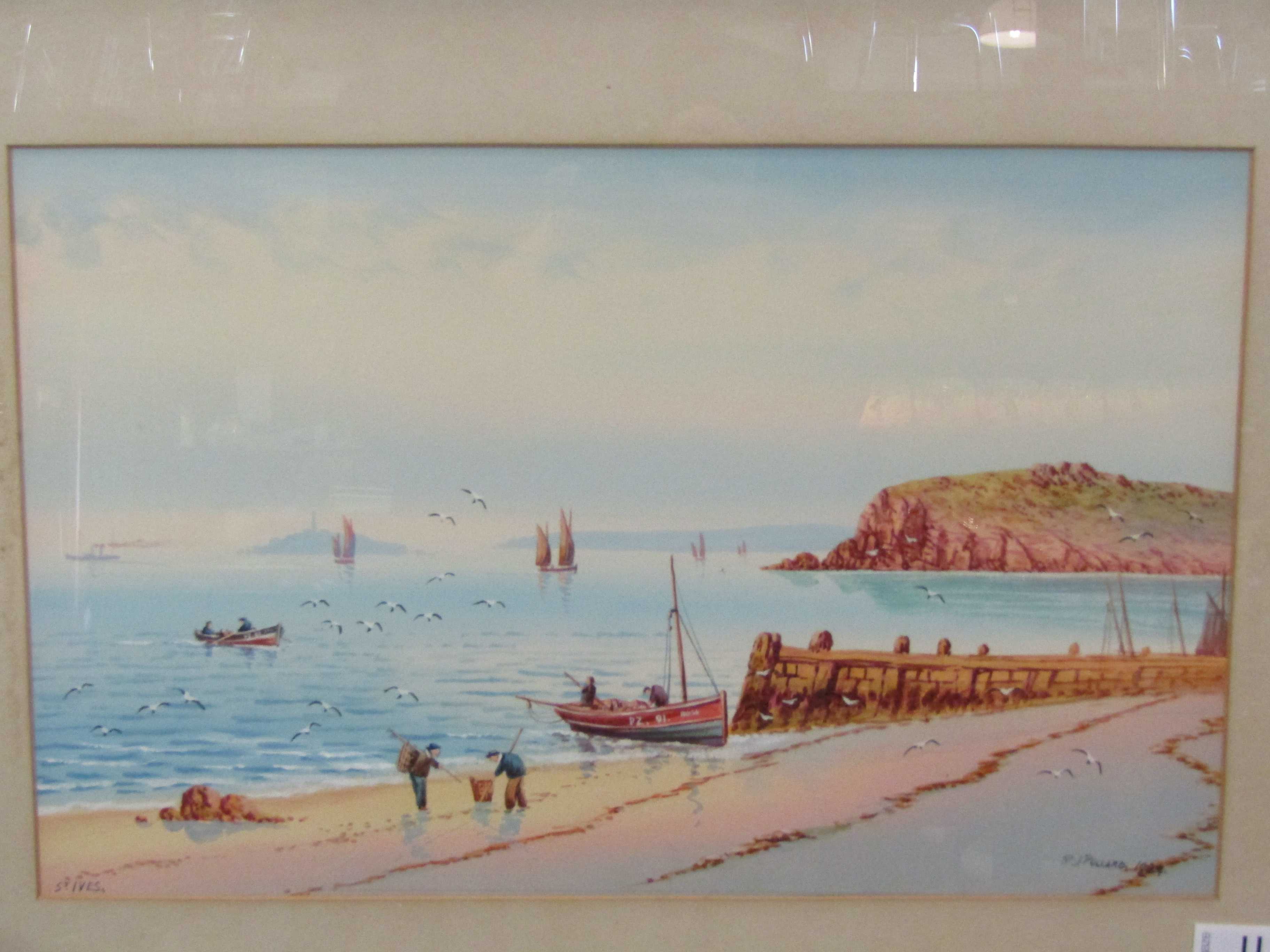 A watercolour of St Ives by RJ Pollard, showing shrimpers on the beach,