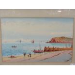 A watercolour of St Ives by RJ Pollard, showing shrimpers on the beach,