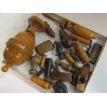 A collection of treen curios including whistles, miniature wood planes, vesta, gavel,