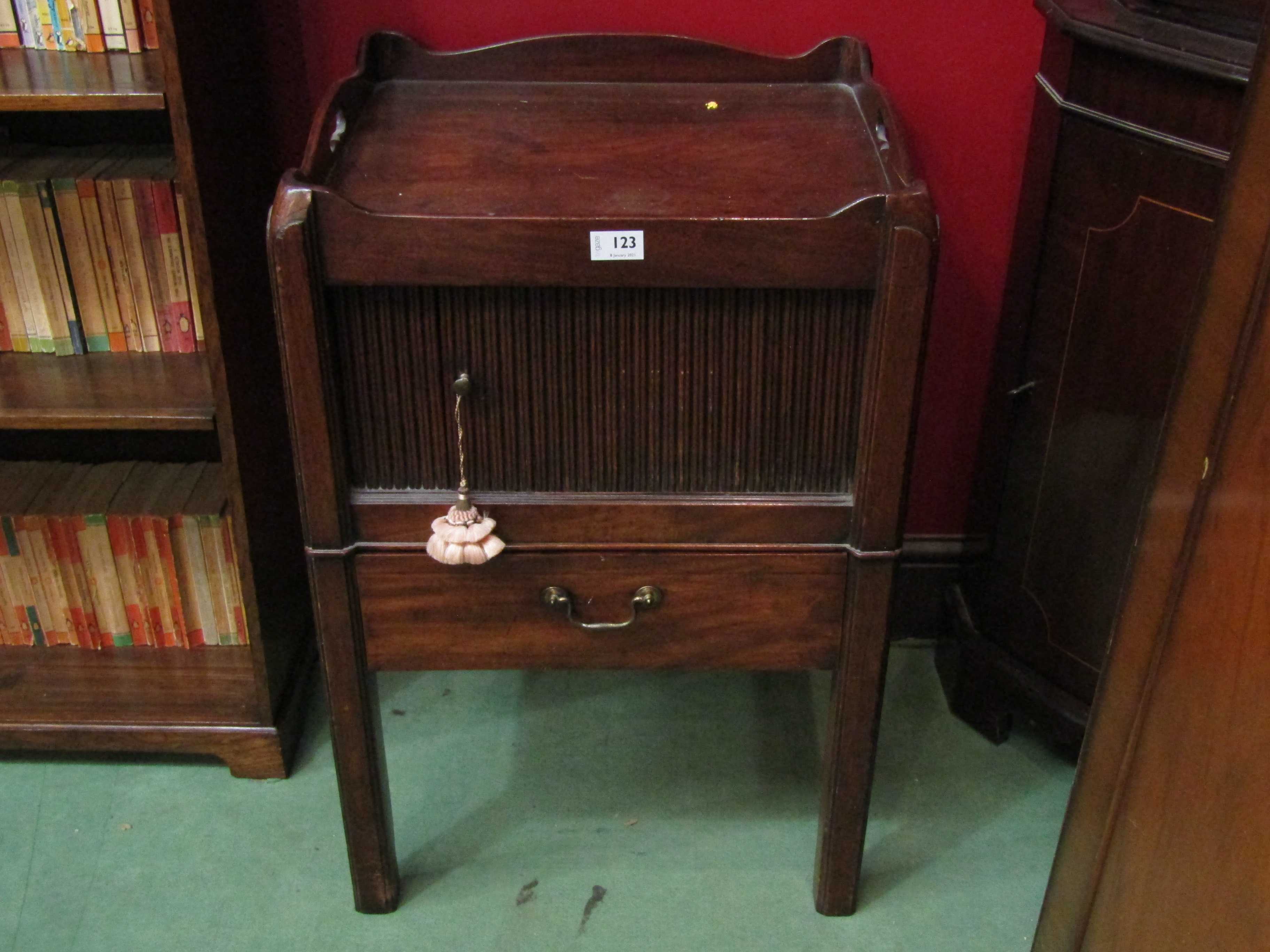 A Georgian mahogany night table with tambour front,