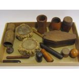 A collection of treen including oak coffin shaped box,