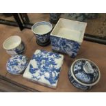 Oriental blue and white ceramics including tea bowl and trinket pots