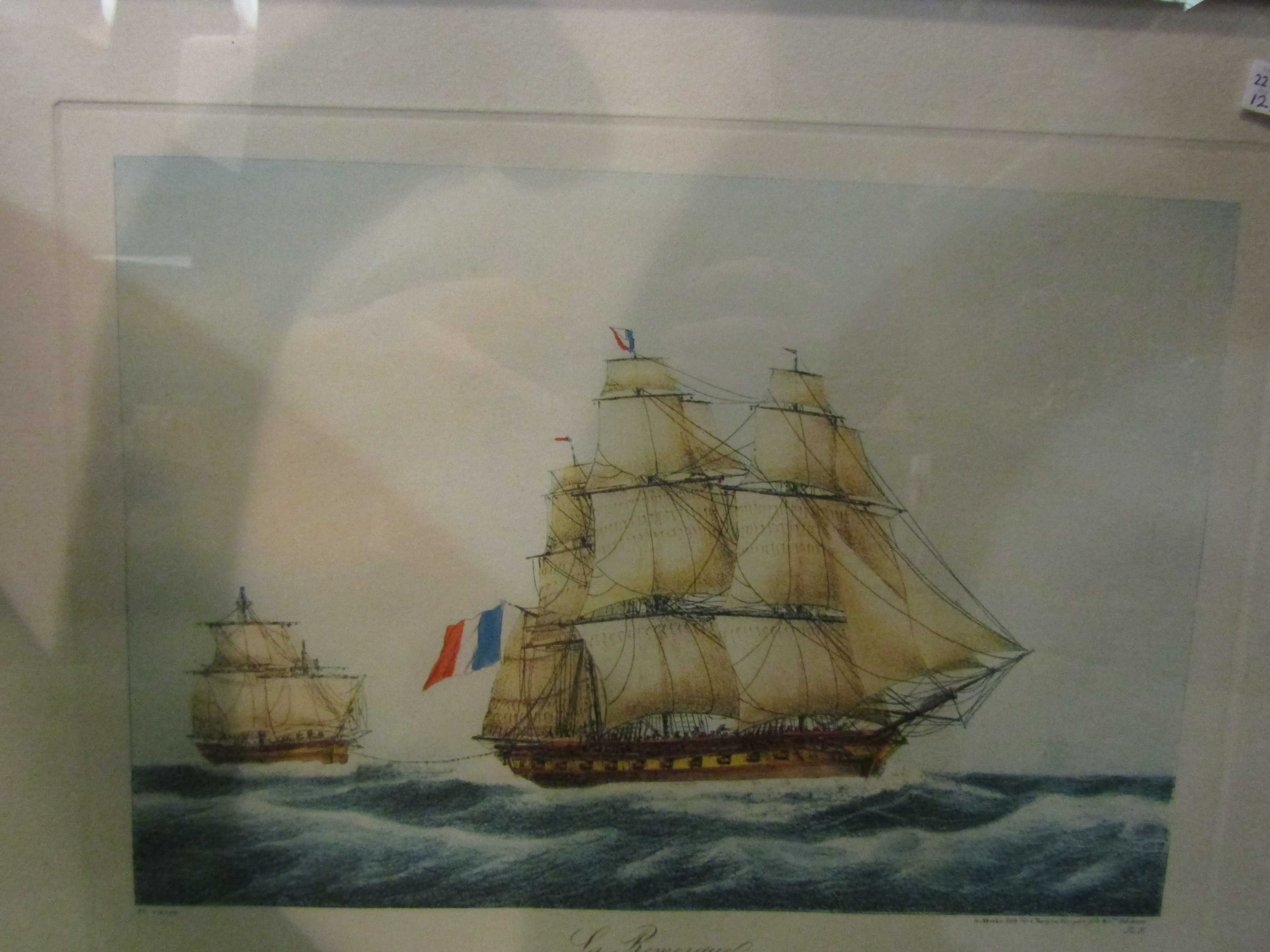 A pair of oak framed lithographs circa 1820 by Charpentier of ships under sail, - Image 2 of 2