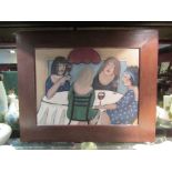 Lana (South African): Oil on board of women seated and drinking wine, framed, signed,